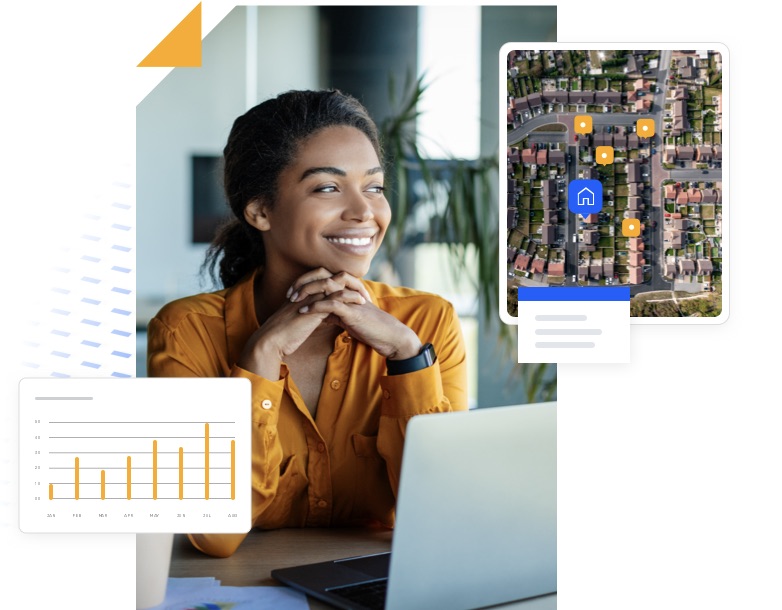 A smiling professional works at a laptop in a modern office, with overlaid visuals showing a property map and data charts, representing Schneider Geospatial’s integrated parcel management and GIS data solutions.