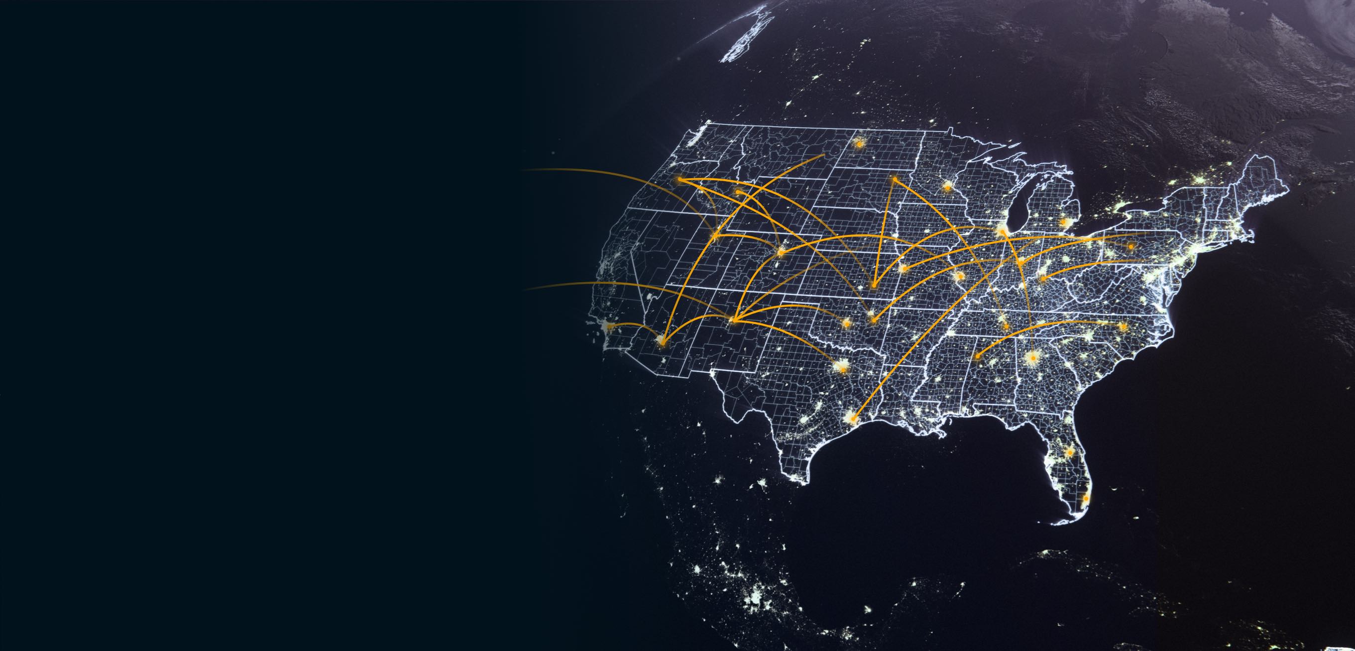 Nighttime satellite view of the United States with illuminated county boundaries and orange lines connecting various points, symbolizing digital infrastructure or data connections.