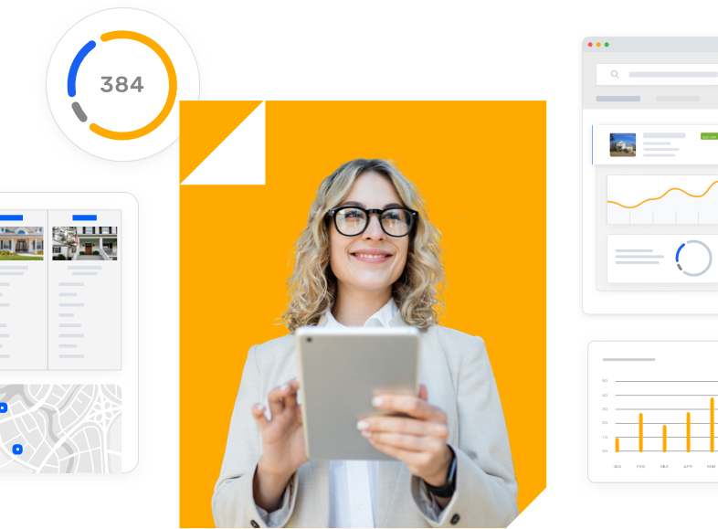 Smiling professional woman holding a tablet, surrounded by charts and property imagery, symbolizing confidence in using digital municipal tools.