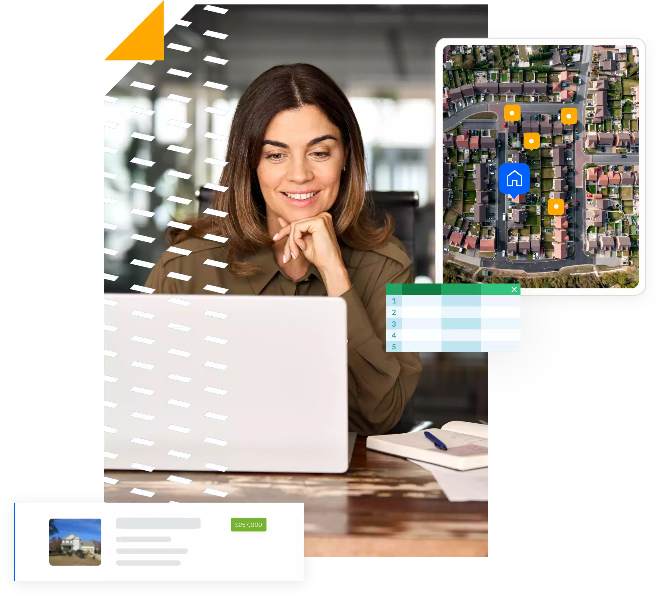 Woman using a laptop with overlay visuals of neighborhood maps and data tables, representing centralized access to municipal information.