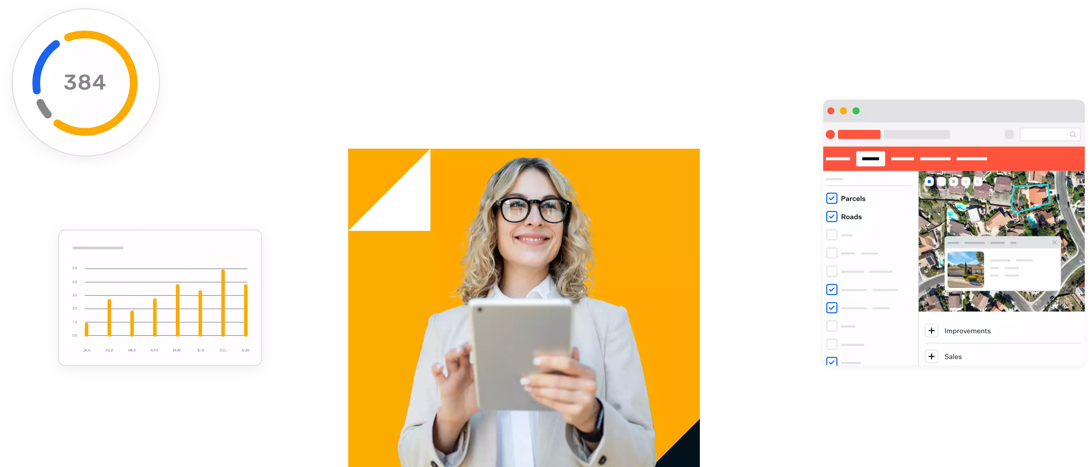 Smiling professional woman holding a tablet, surrounded by charts and property imagery, symbolizing confidence in using digital municipal tools.