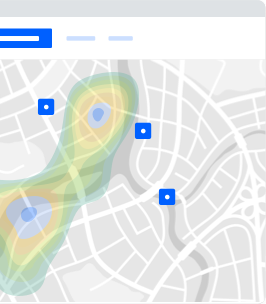 A stylized city map with heatmap overlays and data points, representing geographic data analysis and spatial insights.