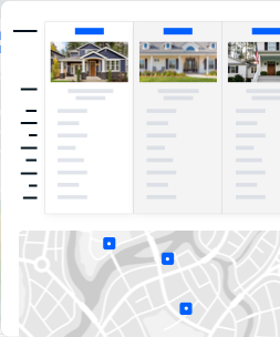 Property listings with a map showing pinpointed locations, emphasizing integration of real estate data with geospatial platforms.