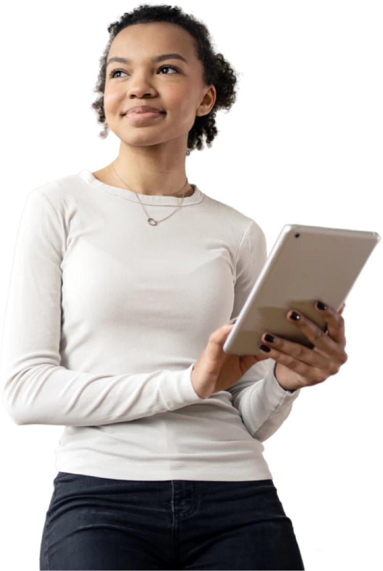Smiling woman in a white long-sleeve shirt holding a tablet, representing a user of digital GIS tools or software.